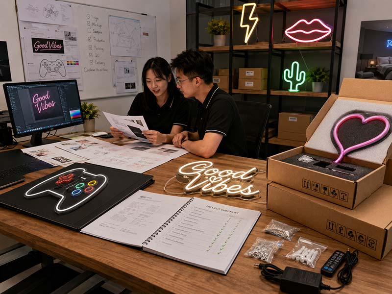 LED neon sign factory support with samples design documents packaging cartons and project checklist