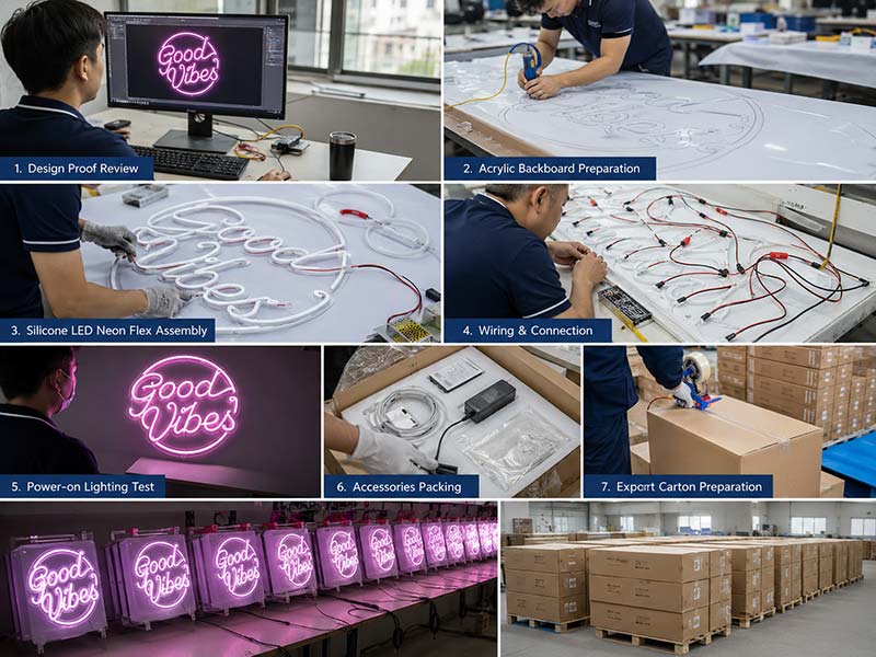 LED neon sign manufacturing process with design proof assembly testing and export packaging