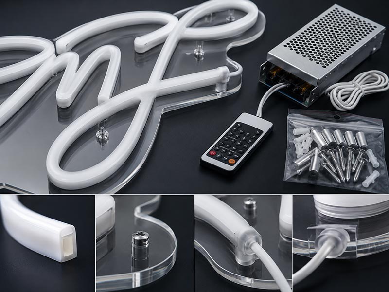 LED neon sign materials including silicone neon flex acrylic backboard power supply and mounting accessories