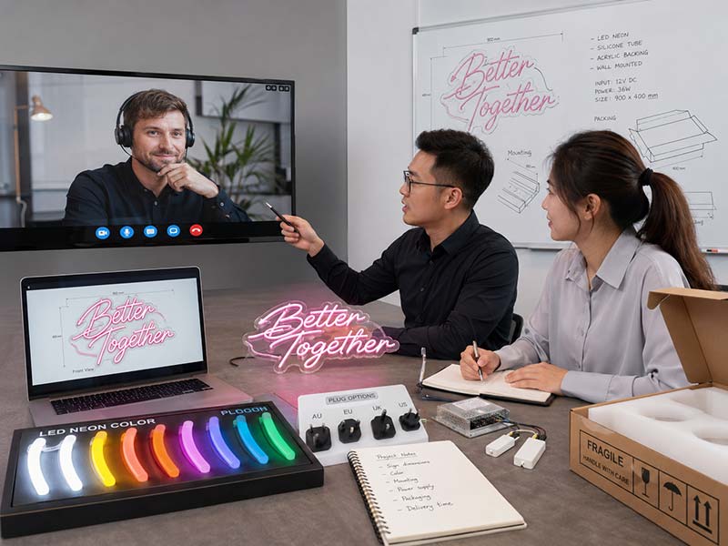 LED neon sign factory communication with design proof video call sample review and packaging discussion