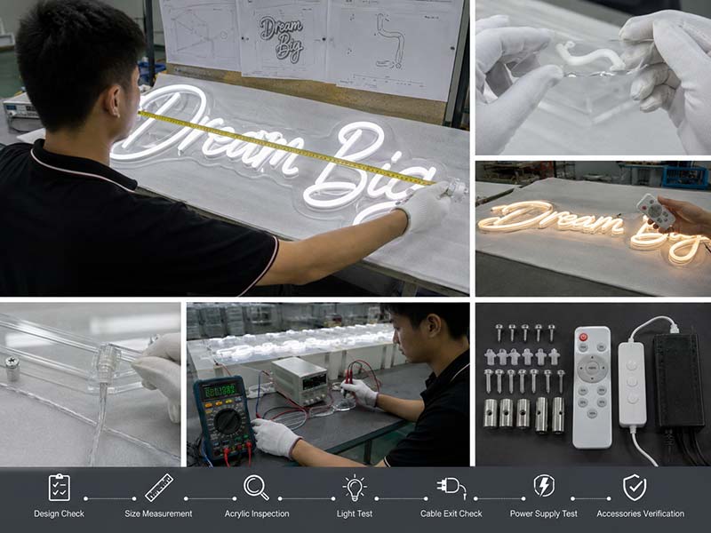 LED neon sign quality control with size check lighting test wire inspection and accessory packing