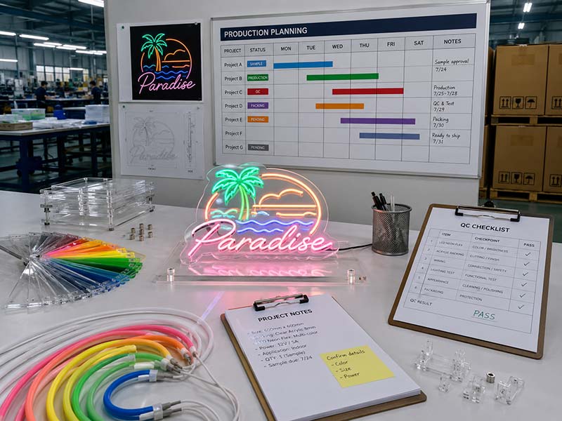 LED neon sign sample production planning with design proofs QC checklist and export cartons