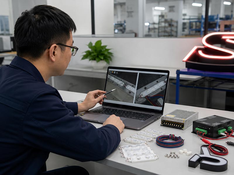 LED sign after-sales support with engineer checking power supplies, LED modules, wiring, and replacement parts