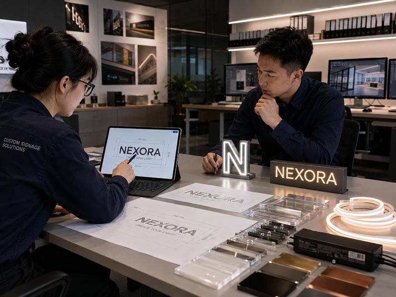 China LED sign exporter reviewing logo artwork and production drawings before manufacturing