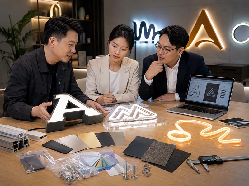 LED sign factory team reviewing custom sign samples and repeat-order details for commercial brand projects