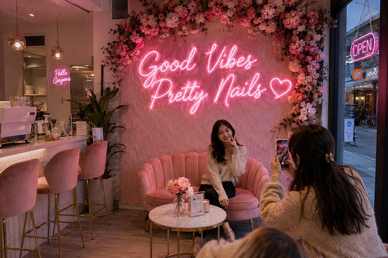 Pink LED neon photo wall in cafe interior with customers taking pictures