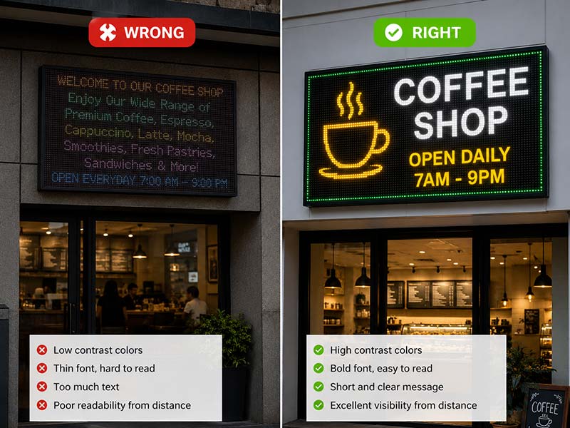Wrong and right LED sign design comparison showing contrast, font readability, text length, and visibility from distance