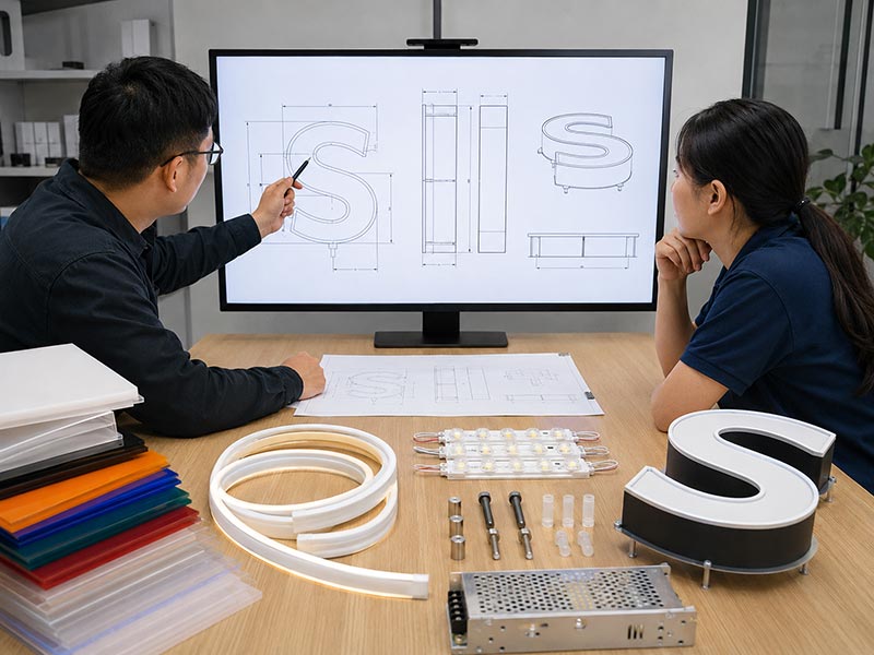 Custom LED sign drawing approval process with engineer checking dimensions, materials, LED modules, and mounting details