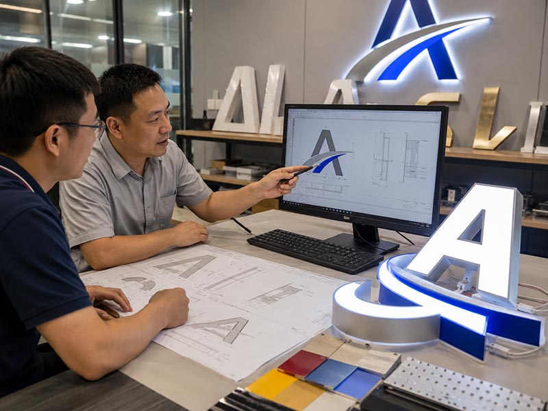 Iduoduo engineers reviewing LED sign drawings, material samples, and illuminated channel letter prototypes before custom production.