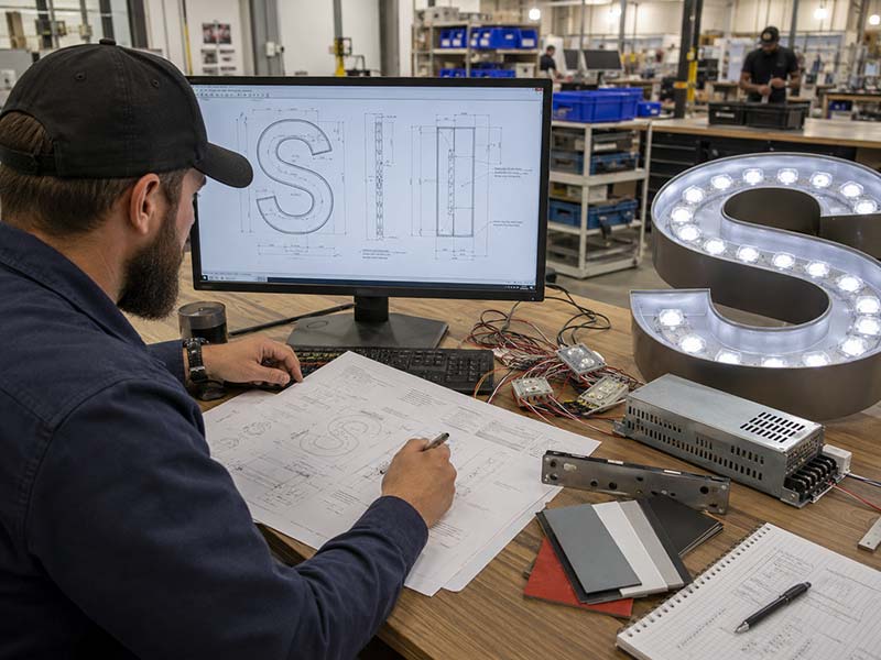 LED sign engineer reviewing production drawings, wiring layout, power supply, and custom sign structure before manufacturing