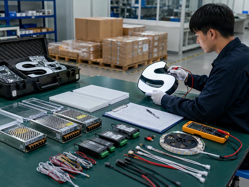 LED sign export inspection with power supplies, controllers, wiring samples, acrylic parts, and QC testing