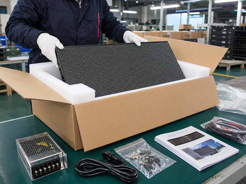 Iduoduo factory worker packing an LED sign with foam protection, power supply, screws, cables, and installation guide for export shipping