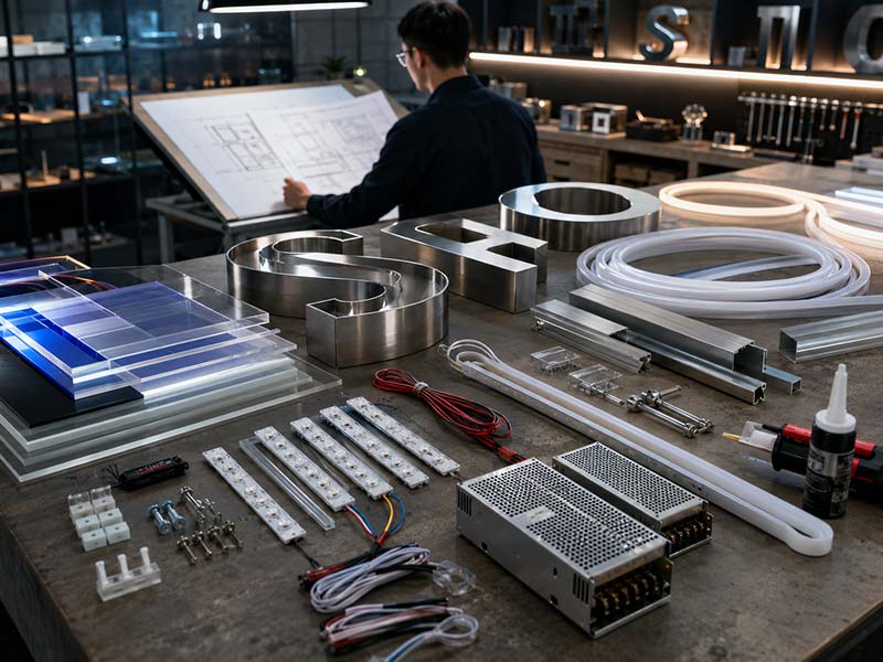Materials, lighting, power supply, wiring, and mounting details for custom LED sign export orders