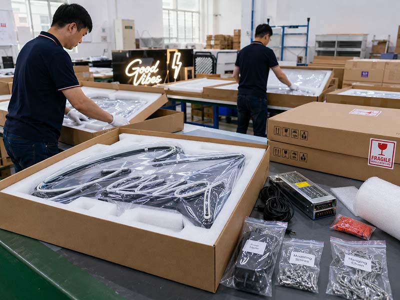 Export packing for custom LED signs with cartons foam protection and accessory kits from China