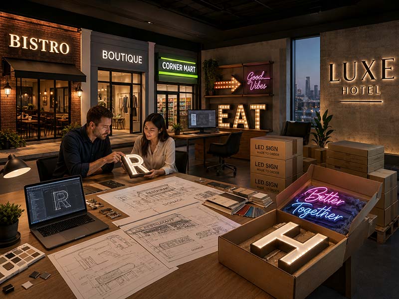 Custom LED sign export projects for restaurants, retail stores, chain brands, events, online stores, sign companies, distributors, and commercial interiors