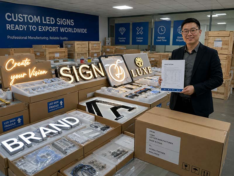 Custom LED signs packed and ready for export shipment from China factory