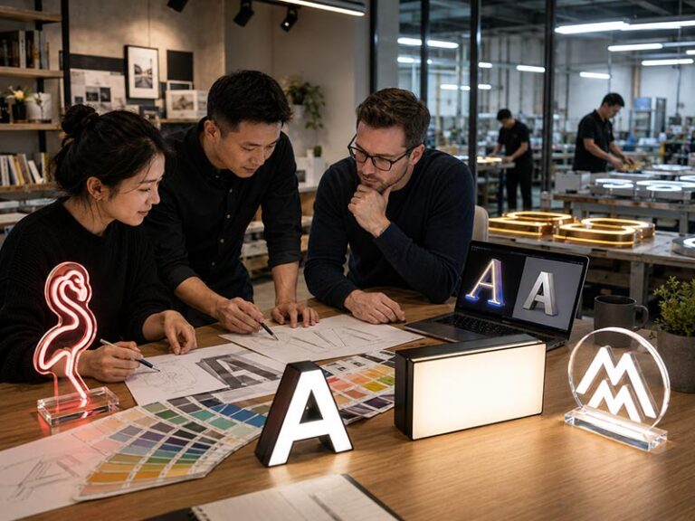 Advertising agency team reviewing custom LED sign drawings, color swatches, illuminated sign samples, and factory production support for a client signage project.