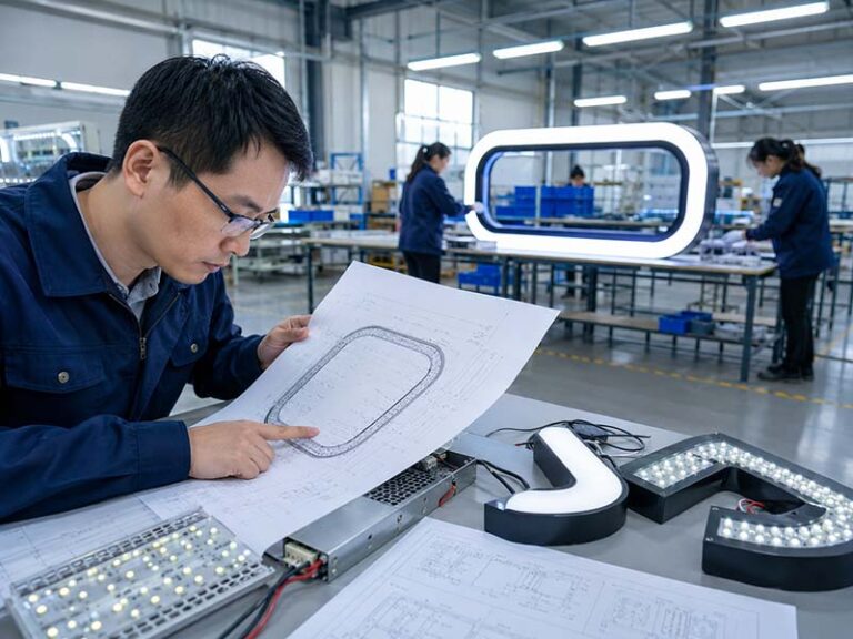 LED sign factory engineer reviewing production drawings, LED modules, power supply, and illuminated sign components during factory capability audit