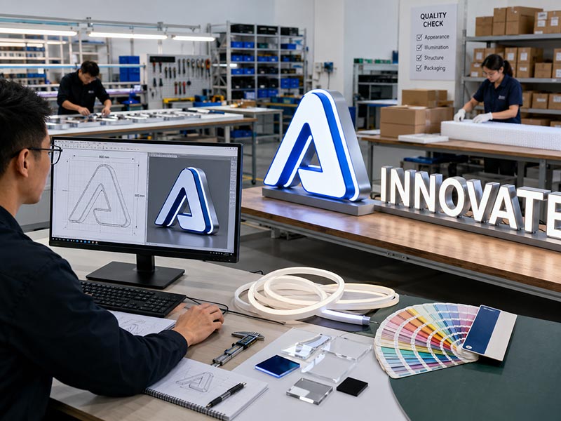 LED sign factory capability evaluation showing custom sign design, production, quality check, and packaging process