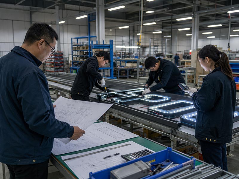 LED sign factory capability evaluation with engineers reviewing drawings, workers assembling illuminated signs, and QC staff checking production details