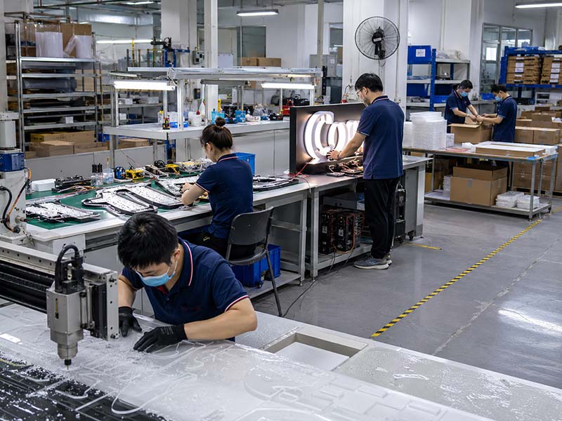 LED sign factory production area with cutting, assembly, lighting test, and export packing workflow
