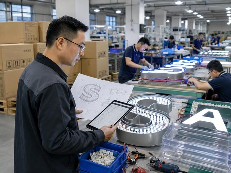 LED sign factory verification scene with engineer checking drawings, illuminated channel letters, LED modules, and production workshop