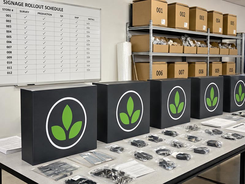Franchise brand rollout using repeated custom LED signs with store-number packing