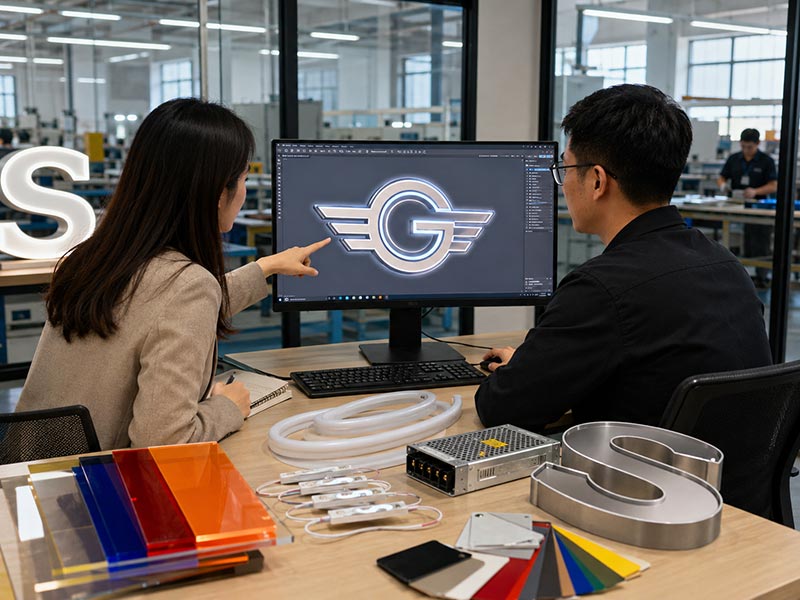 Custom LED sign factory reviewing logo files, materials, lighting, and production details