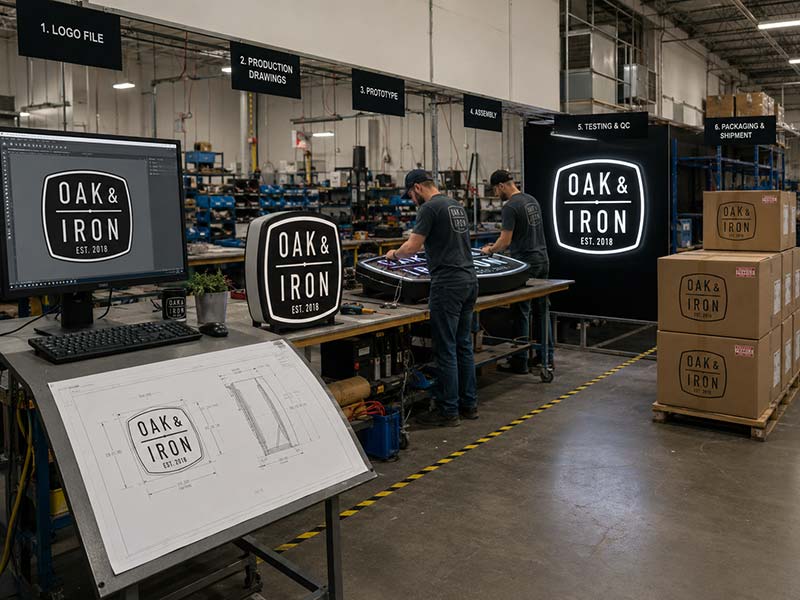 Custom LED sign order process from logo artwork to export-ready shipment