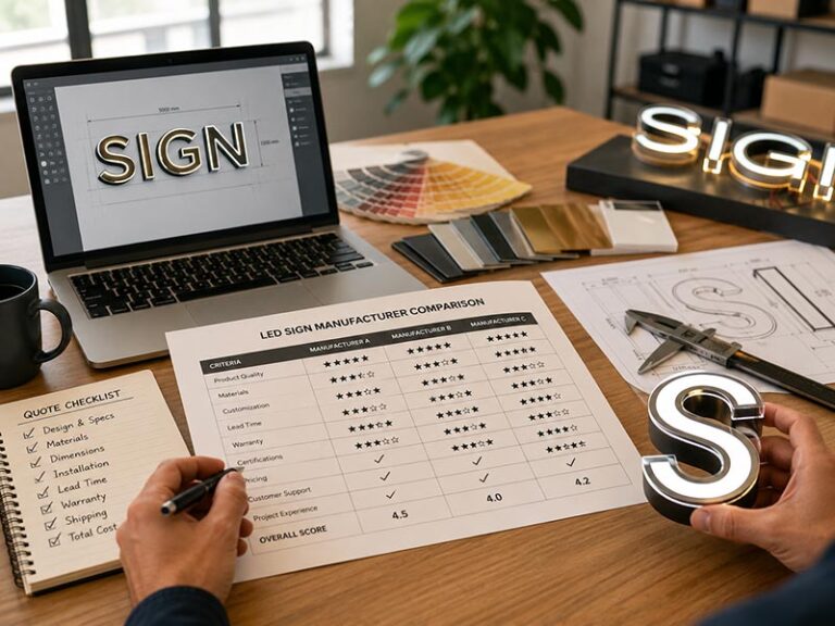 LED sign manufacturer comparison scene with quotation checklist, material samples, technical drawings, and illuminated sign sample for custom sign decision making