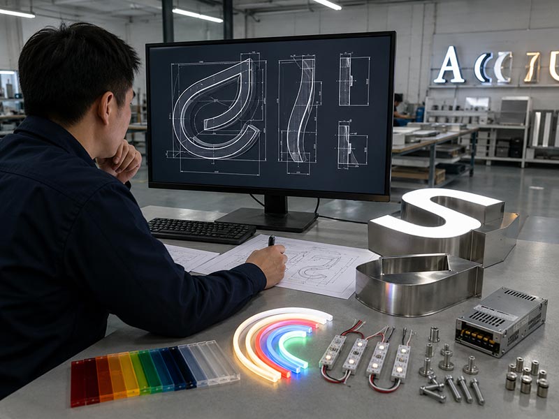 LED sign manufacturing control process with drawing review, material samples, LED modules, and channel letter parts