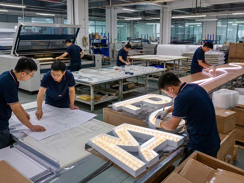 Professional LED sign manufacturing workflow with engineering review and QC testing