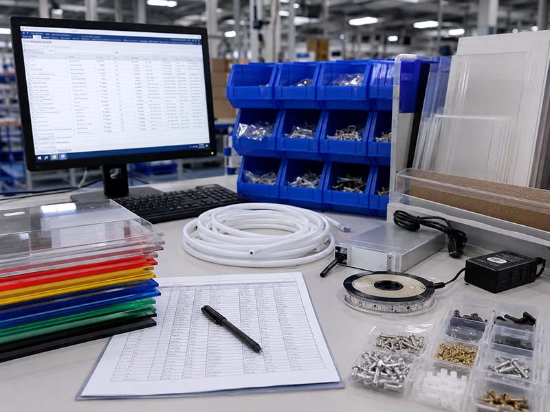 LED sign material and component traceability records with acrylic sheets, LED modules, silicone tubing, power supply, and mounting accessories