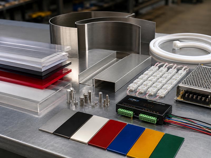 LED sign materials and lighting components including acrylic, metal letters, silicone neon tube, LED modules, and power supply