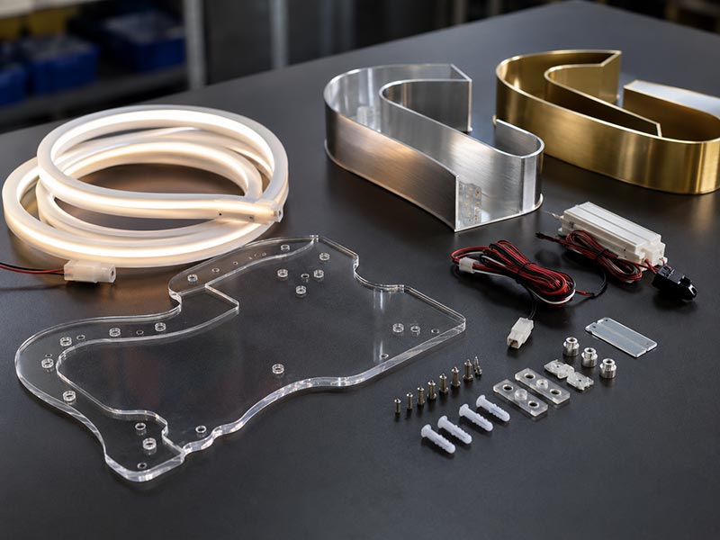 LED sign material components including silicone neon tubing, acrylic backing, metal channel letters, wiring, and mounting accessories