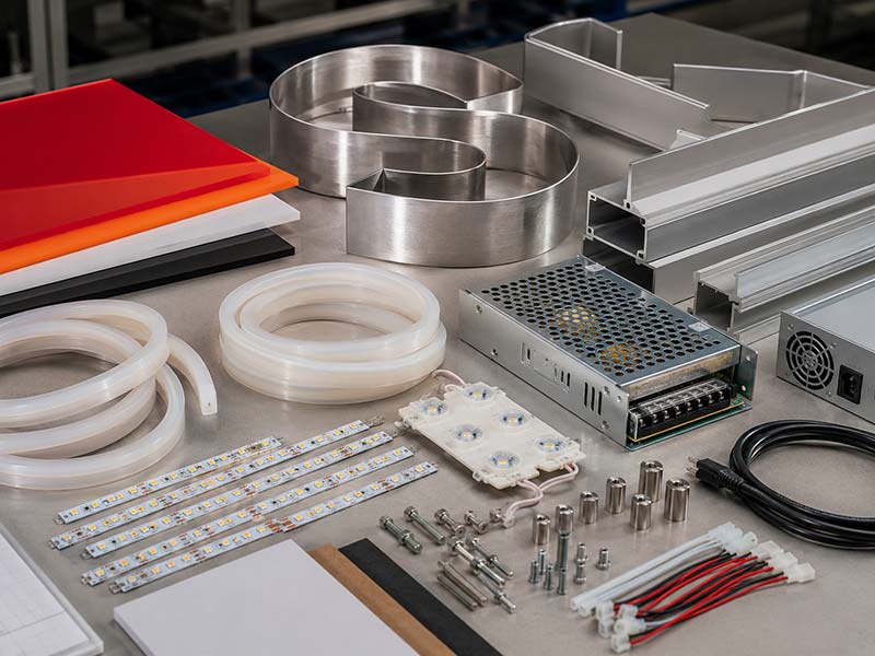 Custom LED sign materials including acrylic metal silicone neon tube LED modules and power supplies