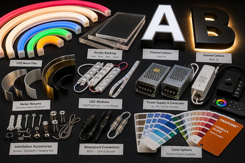 LED sign materials and components including silicone neon flex, acrylic backing, channel letters, LED modules, power supply, and installation accessories