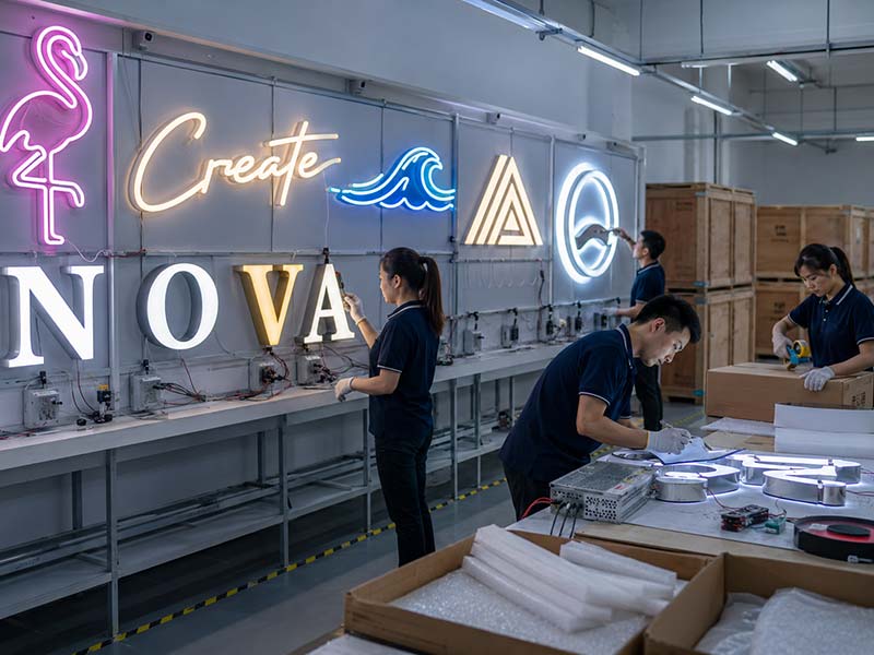 LED sign quality control with 72-hour testing, wiring checks, lighting inspection, accessory verification, and export packing
