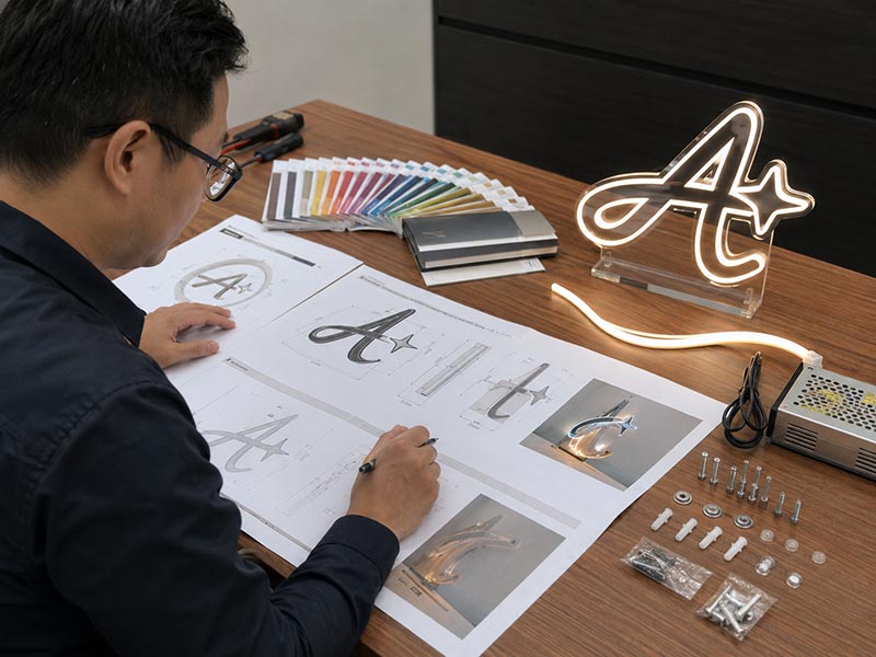 Project manager checking LED sign drawings, color swatches, wiring position, mounting accessories, and acrylic logo sign sample before production.
