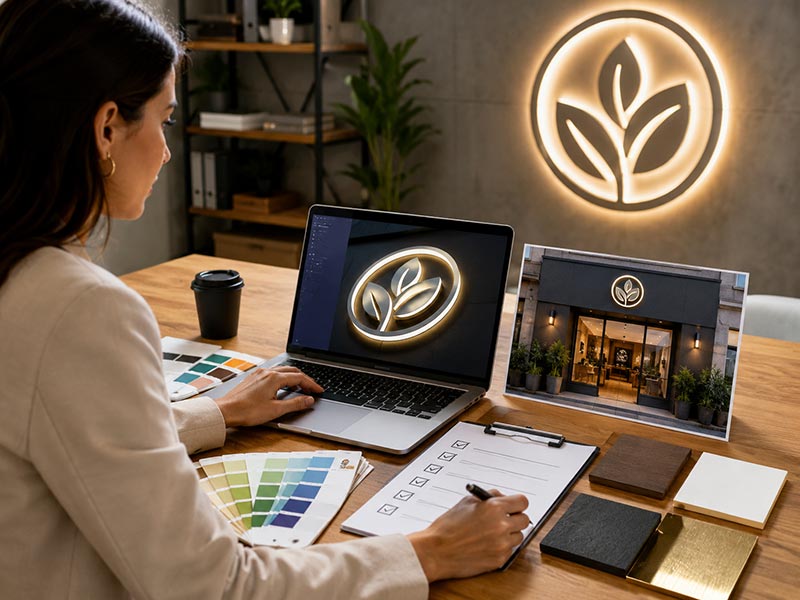 Brand team reviewing logo files, color references, materials, and site details for a custom LED sign procurement checklist