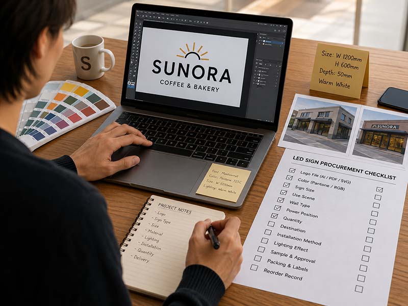 Brand team preparing logo files, color references, and site details for a custom LED sign procurement checklist