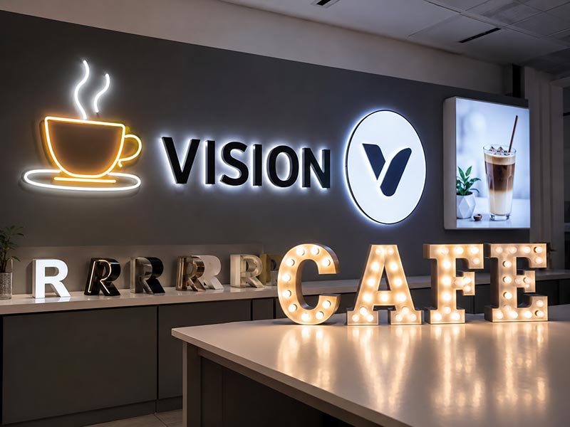 LED sign factory showroom displaying LED neon signs, channel letters, acrylic logo signs, light boxes, and marquee letters
