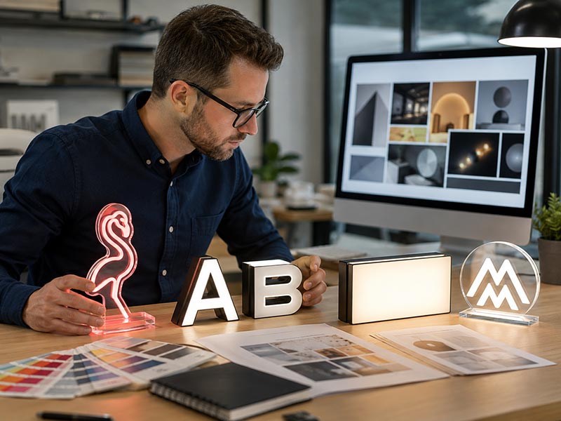 Advertising agency project manager reviewing LED neon sign, channel letter, light box, and acrylic LED logo sign samples for a custom client signage project.