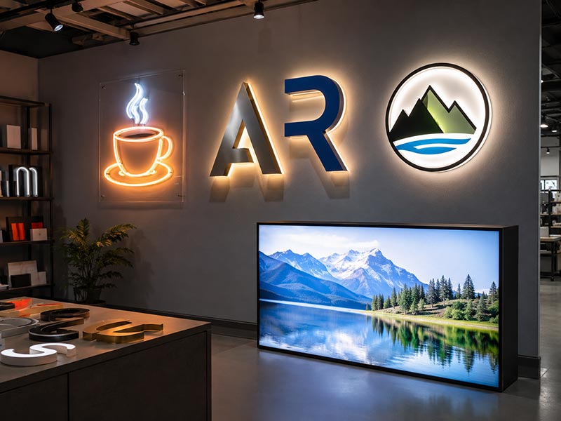 Different custom LED sign products displayed in an Iduoduo showroom, including LED neon signs, channel letters, acrylic logo signs, and light boxes