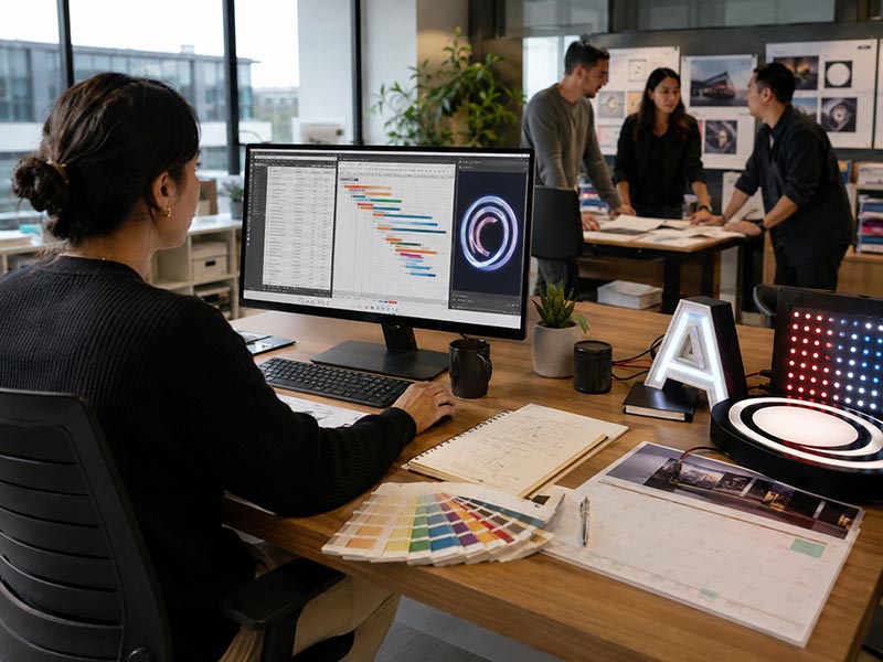 Advertising agency team managing LED sign quotation, production timeline, color samples, and client project deadline in a modern office.