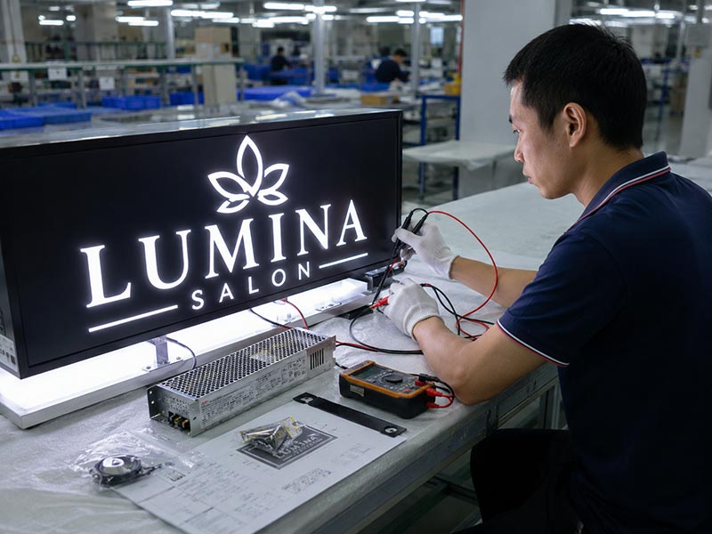 QC inspection of LED sign showing lighting test, wiring check, transformer label, and accessories verification in a workshop