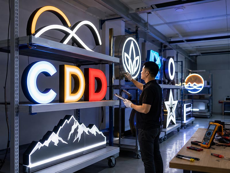 Custom LED signs under 72-hour quality testing with QC inspection for lighting, wiring, and surface finish
