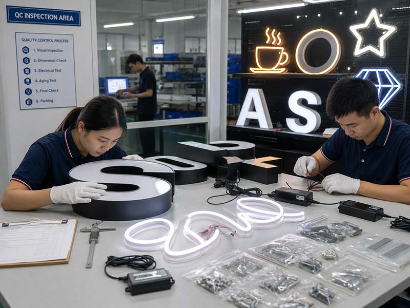 Quality control inspection for custom LED signs before export shipment from China