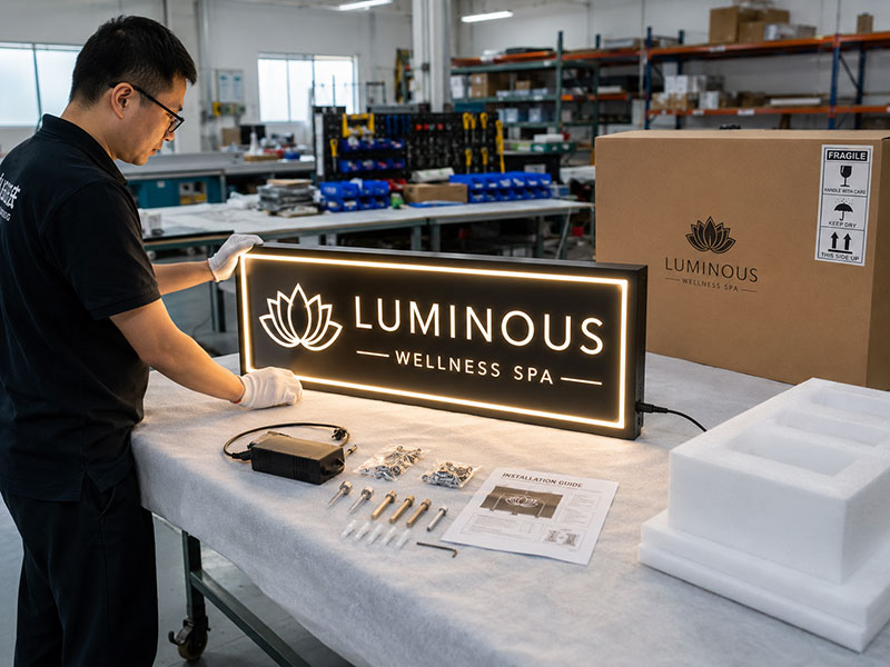 Custom LED sign lighting test, accessory checking, and packing proof before international shipment