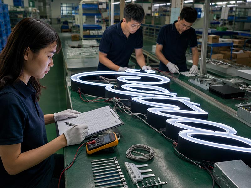 Iduoduo quality control team testing an illuminated LED sign, checking lighting, wiring, accessories, and production details before packing